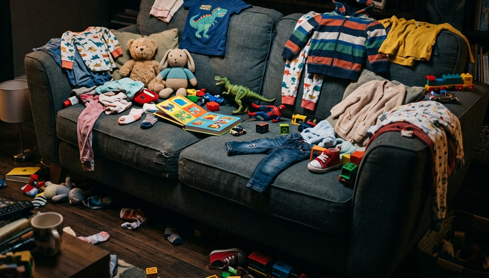 An image of an untidy sofa, covered in children's clothing and toys.